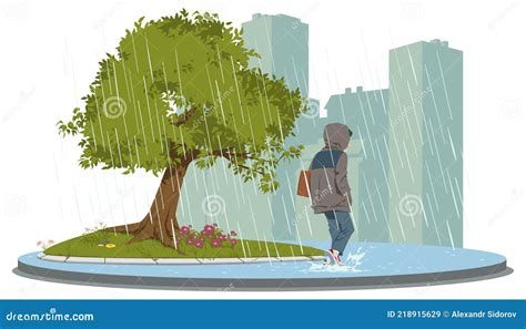 Rainy Day Man In Rain Sad Mood Bad Weather Illustration For