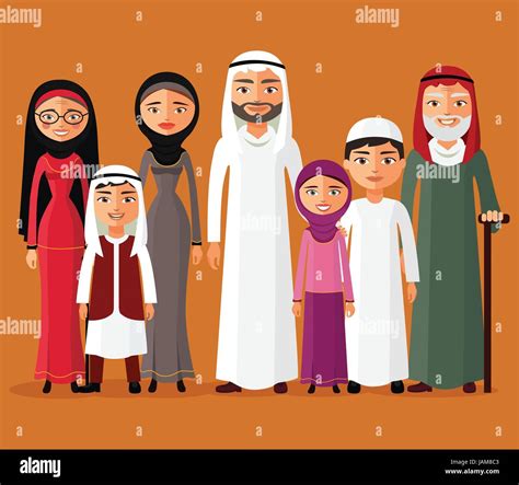 Arab family, muslim people, big family, saudi cartoon father, mother, daughter, son, grandpa ...