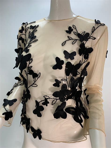 Torso Creations Nude Tulle And Black Embroidered Butterfly Applique Blouse For Sale At 1stDibs