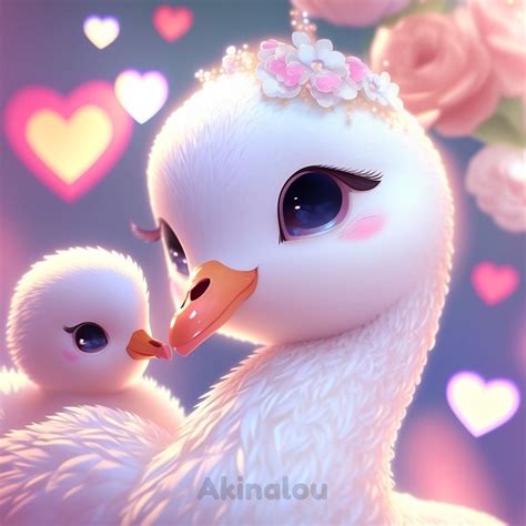 Two White Ducks With Pink Flowers On Their Heads And Hearts In The Sky