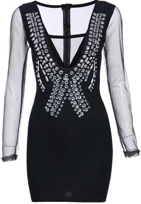 Sheer Mesh Rhinestone Bodycon Dress