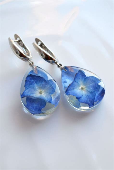 Earrings With Hydrangea Flowers In Resin Dried Blue Hydrangea Terrarium Jewelry Pressed