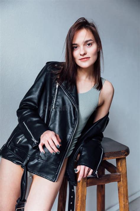 Beautiful Fashionable Slim Woman In Black Leather Jacket Stock Photo Image Of Brunette Happy