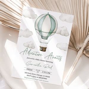 Editable Adventure Awaits Baby Shower Invitation Green Hot Air Balloon Baby Shower Invite