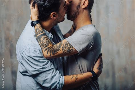 Caucasian Gay Couple Kissing Revealing A Moments Of Sexual Life Close