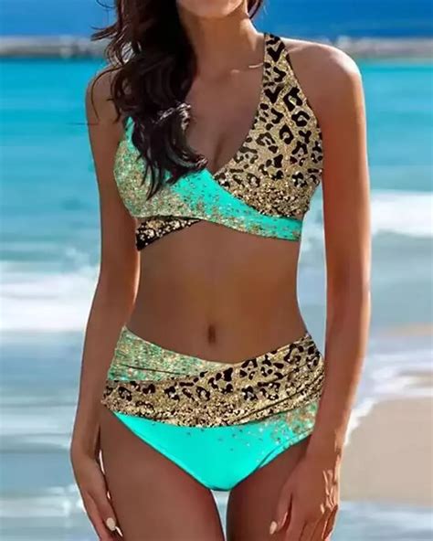 Contrast Leopard Print Crisscross Halter Bikini Set Women Swimwear Swim