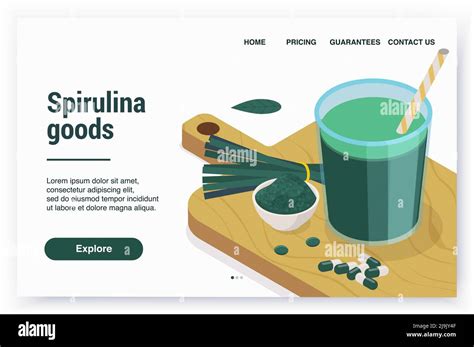 Página de destino del sitio web isométrico de Spirulina con enlaces de