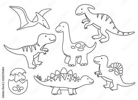 Vector Illustration Of Black And White Dinosaur Outline Drawing Set