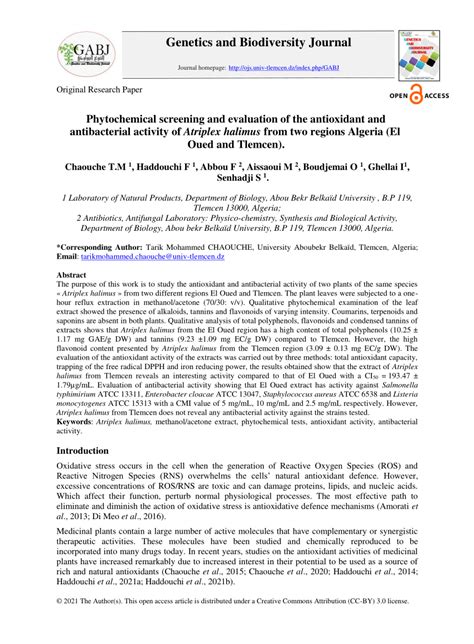 PDF Phytochemical Screening And Evaluation Of The Antioxidant And