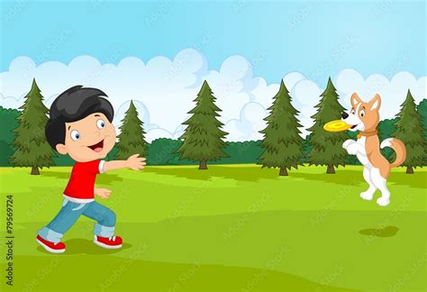 Cartoon boy playing Frisbee with his dog Stock Vector | Adobe Stock