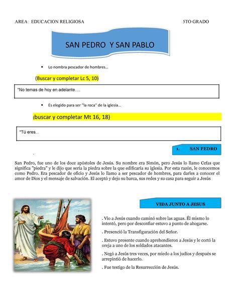 SAN Pedro Y SAN Pablo AREA EDUCACION RELIGIOSA 5TO GRADO Lo Nombra