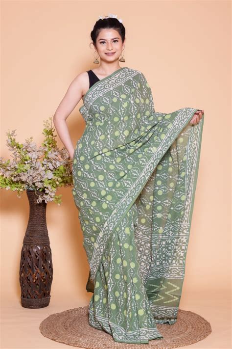 Gorgeous Color Bagru Handblock Print Cotton Mulmul Saree With Blouse