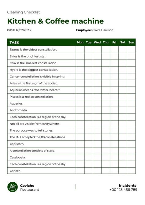 Free Professional Cuisine Restaurant Checklist Template Checklist