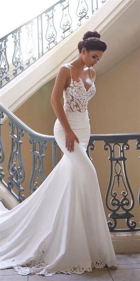 Mermaid Ivory Spaghetti Straps V Neck Wedding Dresses Lace Satin Bridal