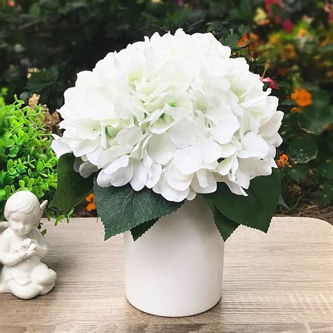 Enova Home Silk Hydrangea Flower Arrangement In White Ceramic Vase