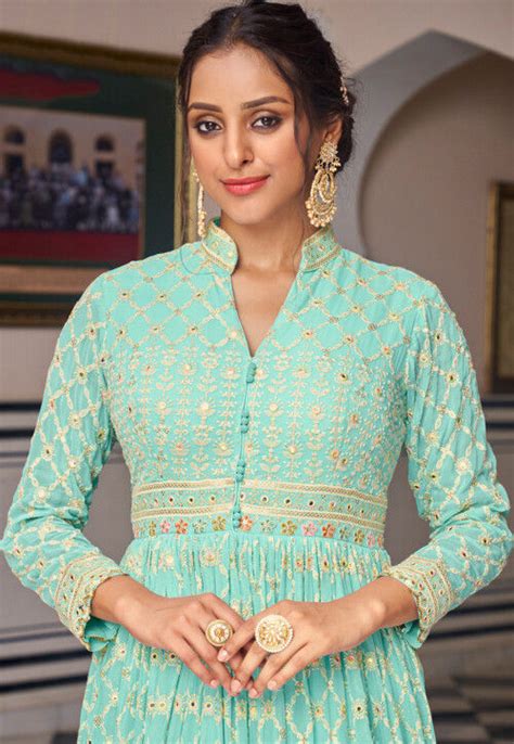 Embroidered Georgette Abaya Style Suit In Turquoise KCH9935