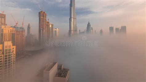 Aerial View Of Dubai City Early Morning During Fog Editorial