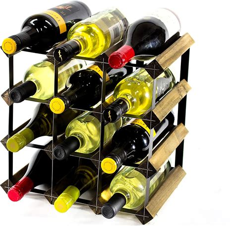 Classic Bottle Walnut Stained Wood And Black Metal Wine Rack Ready