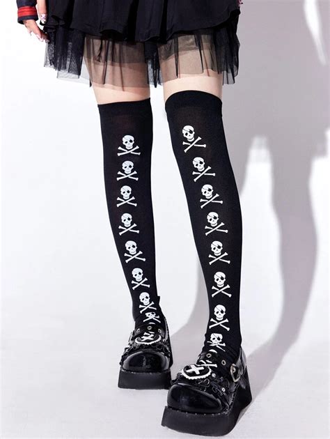 ROMWE Goth Skull Pattern Over The Knee Socks SHEIN USA