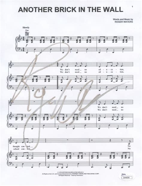 Roger Waters Signed Pink Floyd Another Brick In The Wall Sheet Music