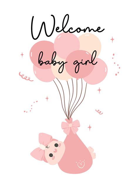 Cute Baby Girl Shower Invitation Card with Cute Hand Drawn Balloons ...