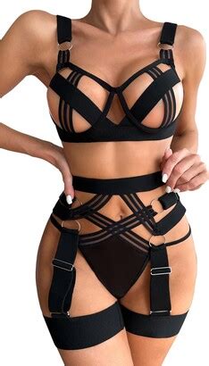 SEAUR Women S Sexy Strappy Lingerie Set With Garter Belt Hollow Out