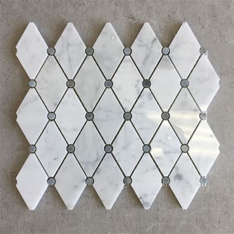 12x12 White Carrara Elongated Diamond With Dots Polished Marble Mosaic Tile