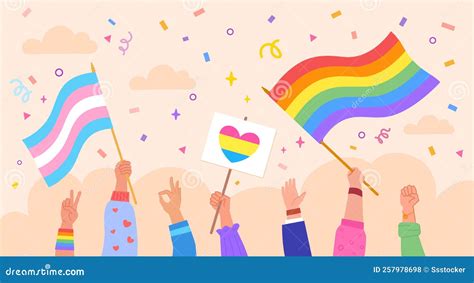 Hands Hold Lgbt Flags Pride Month Or Gay Parade Hand People Group Holding Rainbow Sign And
