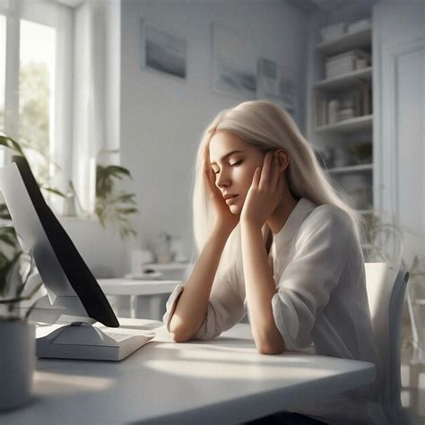 Une Jeune Fille Une Belle Blonde Est Assise Devant Un Ordinateur Très Fatiguée Du Travail à