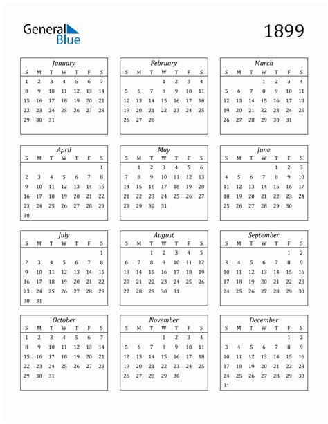 1899 Blank Yearly Calendar Printable