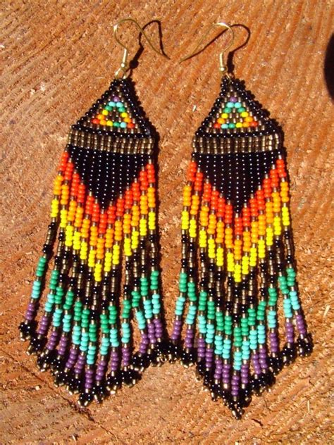 Native American Seed Beaded Rainbow Beauties Long Etsy Beaded Earrings Patterns Native