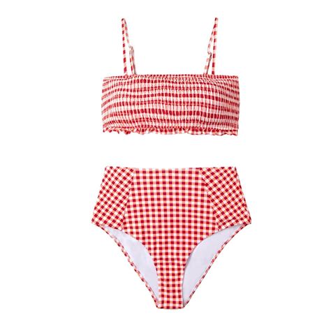 Sexy Red Gingham Smocked Bikinis Set Swimwear Women Etsy