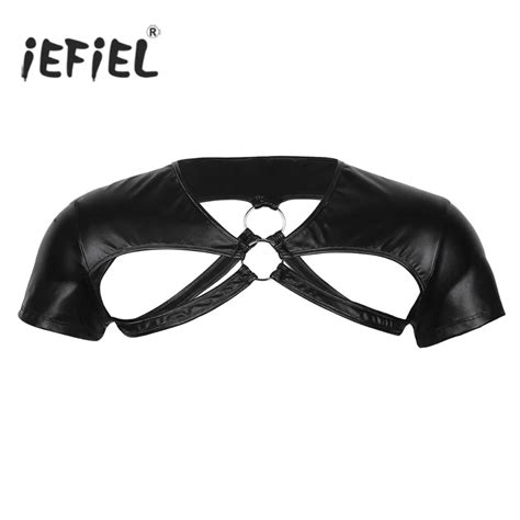 Iefiel Mens Soft Faux Leather Short Sleeve Cut Out Muscle Half Top With Metal O Rings Evening