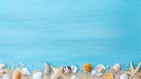 Seashell Summer Texture Blue Background With Copy Space In Top View