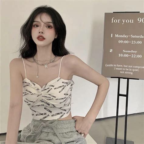 Ins Letter Style Camisole Influencer Threaded Ice Silk Vest Female Sexy Hot Girl Short Fixed Cup