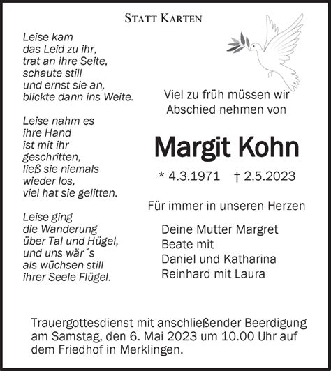 Traueranzeigen Von Margit Kohn S Dwest Presse Trauer