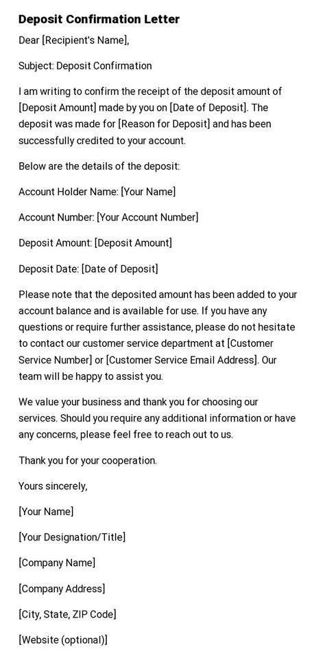 Deposit Confirmation Letter