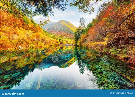 Wonderful View of the Five Flower Lake among Fall Woods Stock Photo ...