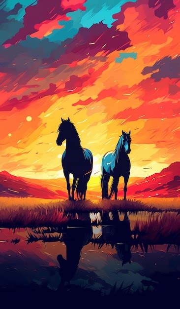 Uma Pintura De Dois Cavalos Parados Em Um Campo Um P R Do Sol Ao