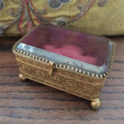 French Antique Brass Glass Jewellery Box Xixth Cent Gem