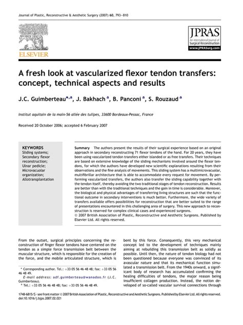 A Fresh Look At Vascularized Flexor Tendon Transfers Pdf