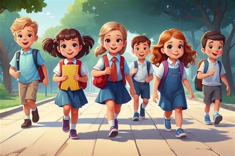 Crianças bonitas voltando para casa da escola ilustração vetorial