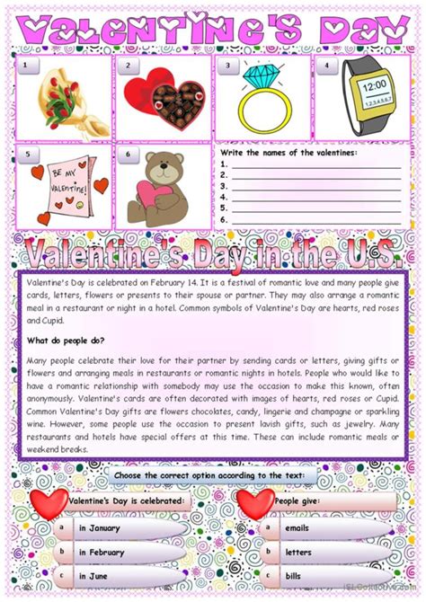 Valentines Day Reading Vocabular English Esl Worksheets Pdf