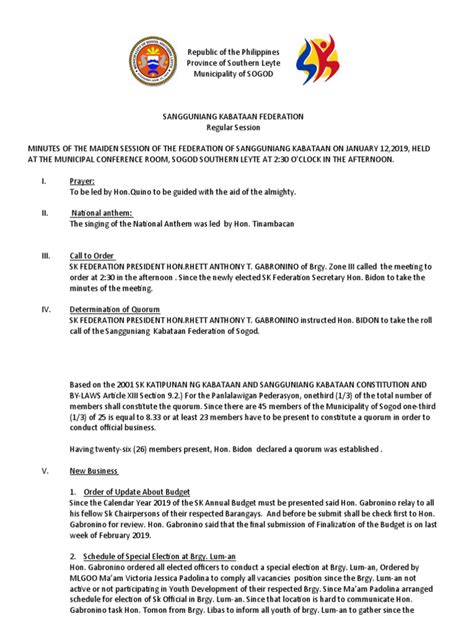 Municipal Sk Federation Minutes Of Sglg Pdf Quorum Policy