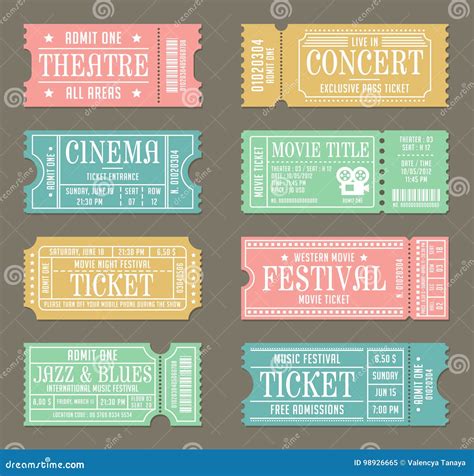Vintage Ticket Template Set for Event Stock Vector - Illustration of