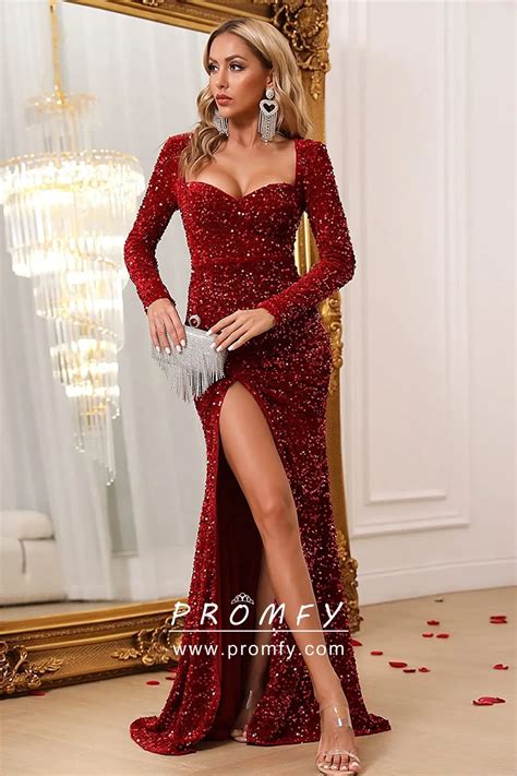 Red Velvet Sequin Mermaid Thigh High Slit Prom Dress Promfy