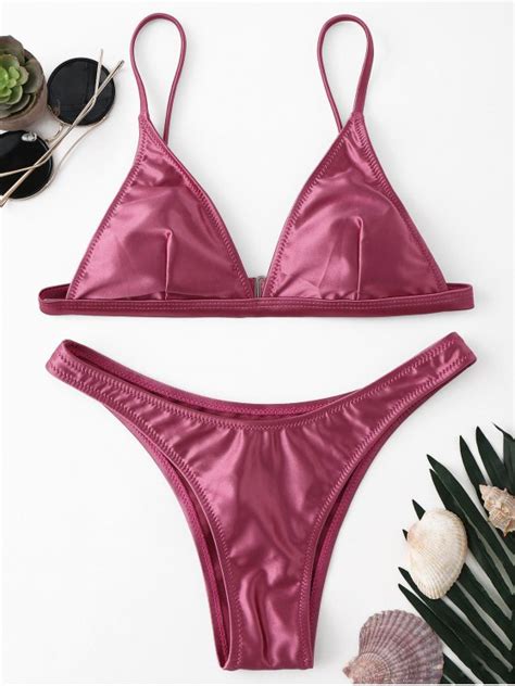 Off Shiny High Cut Bikini Set In Purplish Red Zaful