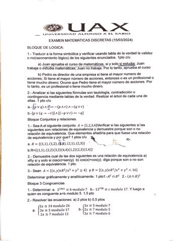 Examen Matematica Discreta Logica Conjuntos Relaciones Pdf