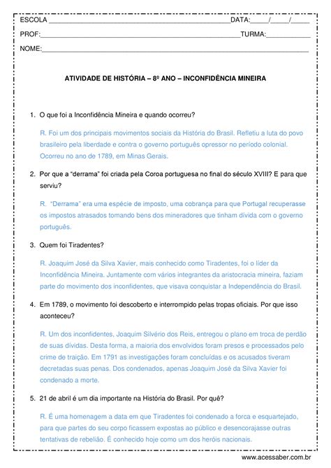 Pdf Atividade De HistÓria 8º Ano InconfidÊncia Mineira · Atividade De