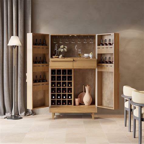 Modern Tall Home Bar Cabinet Pine Wood Wine Cabinet With Storage Kitchen And Dining Furniture